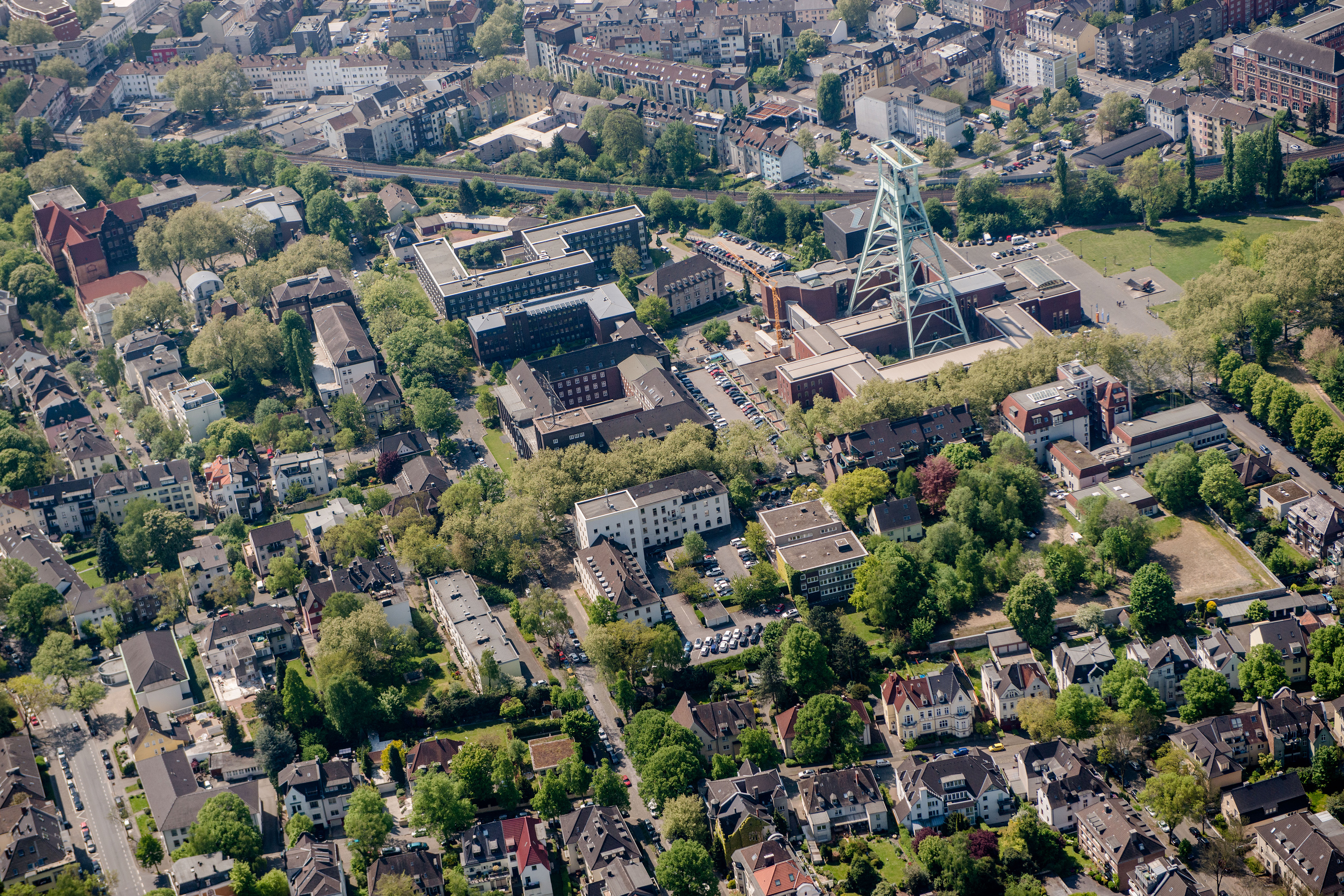 Aerial view of the Bochum city park quarter with Bergbaumuseum
