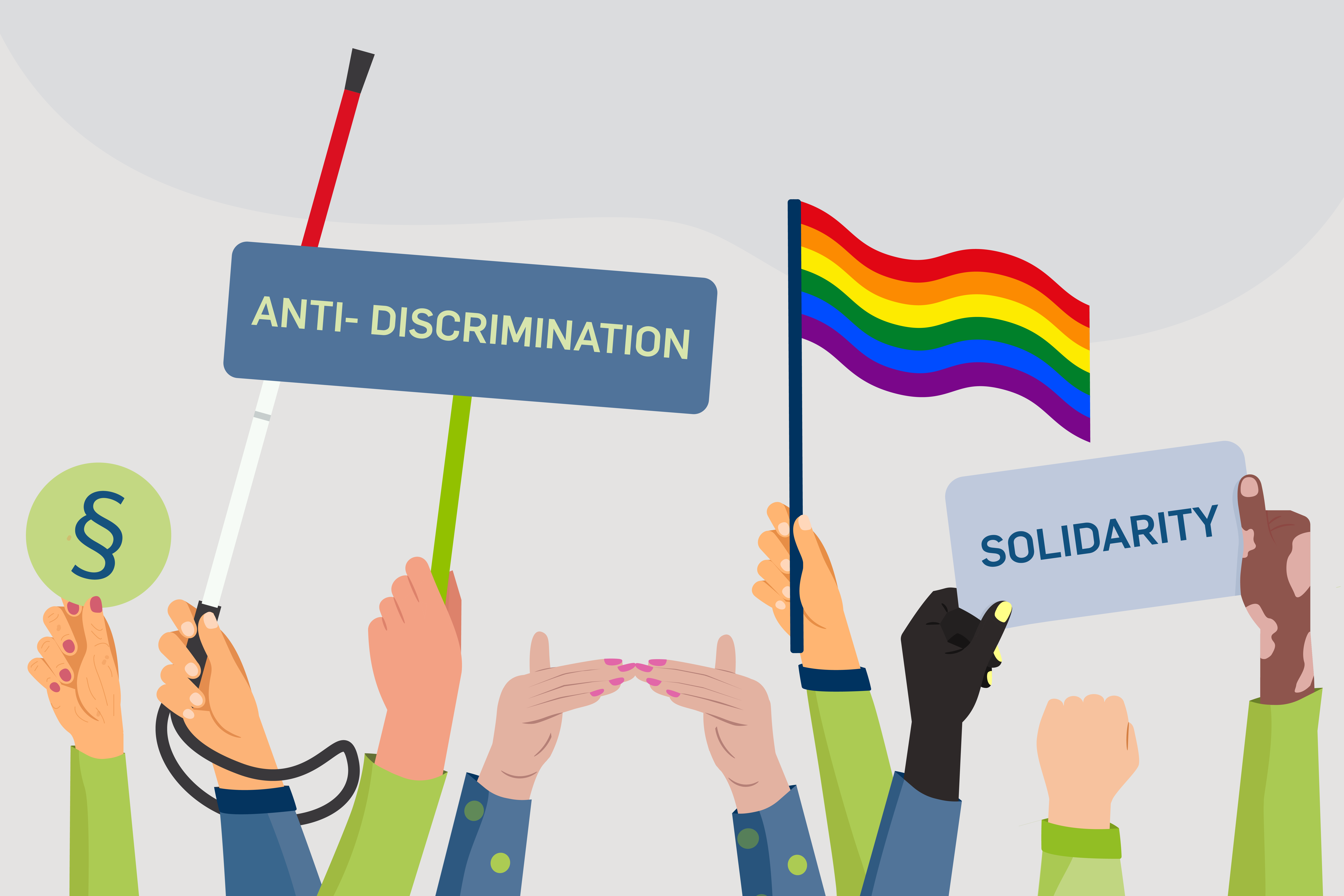 Diverse Hände mit Gesten und Schildern Anti-Diskrimination, Solidarity, Regenbogenflagge und Paragrafen-Symbol.