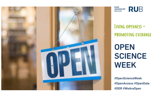 Open door with door sign "Open" and lettering "Open Science Week"