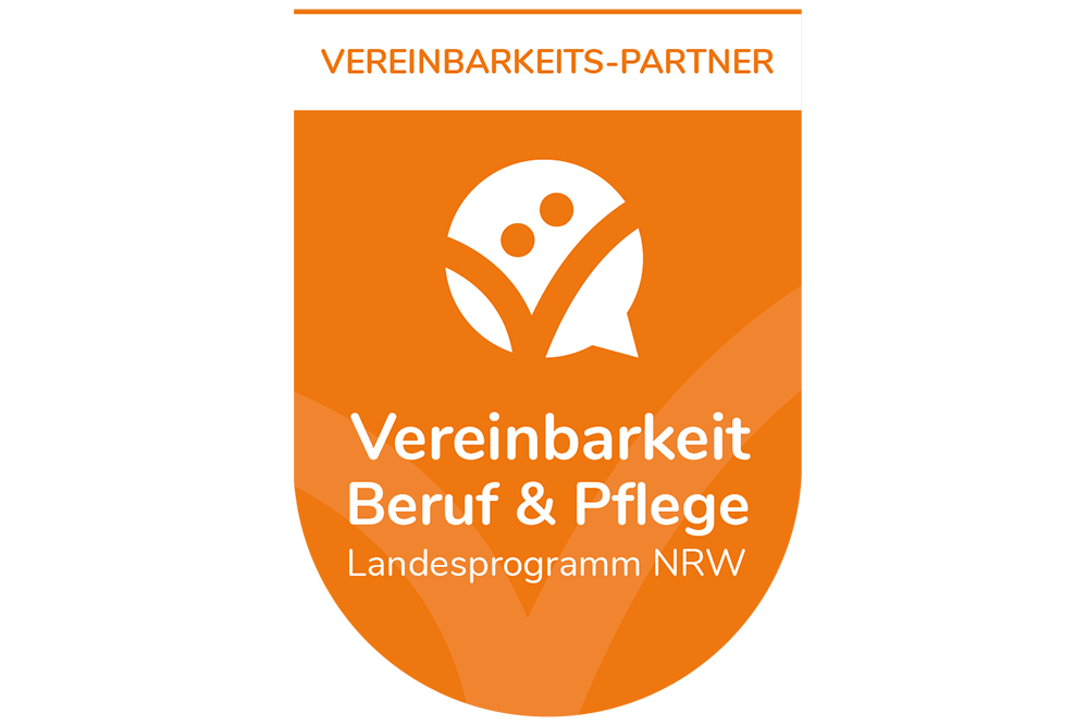 Siegel mit der Aufschrift Vereinbarkeit Beruf und Pflege Landesprogramm NRW