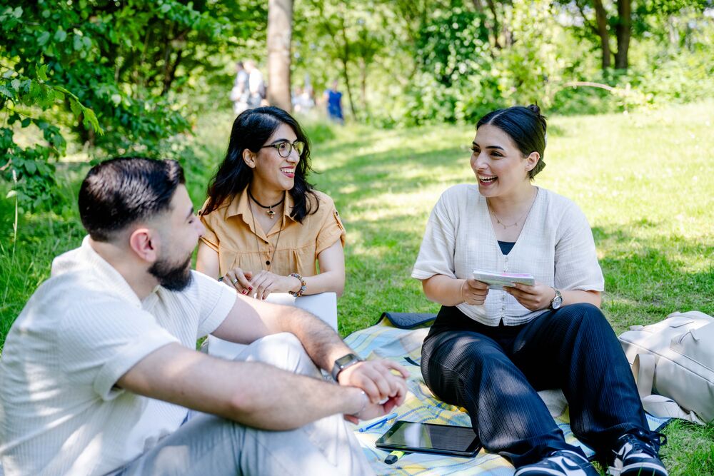 Studierende sitzen auf einer Wiese.