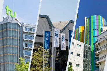 Collage von Universitätsgebäuden der Technischen Universität Dortmund, der Ruhr-Universität Bochum und der Universität Duisburg-Essen