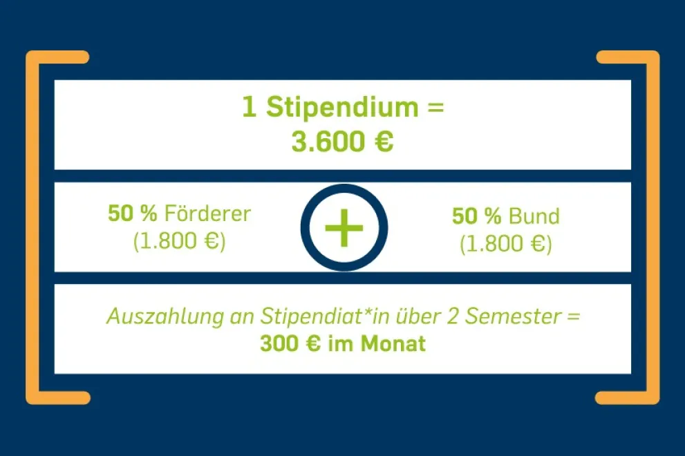 Deutschlandstipendium Grafik Zusammensetzung Eine Grafik, die die Zusammensetzung des Deutschlandstipendiums zeigt. 1800 Euro kommen von einem Spender, 1800 Euro vom Bund. Ein Stipendium beträgt also 3.600 Euro über ein Jahr.
