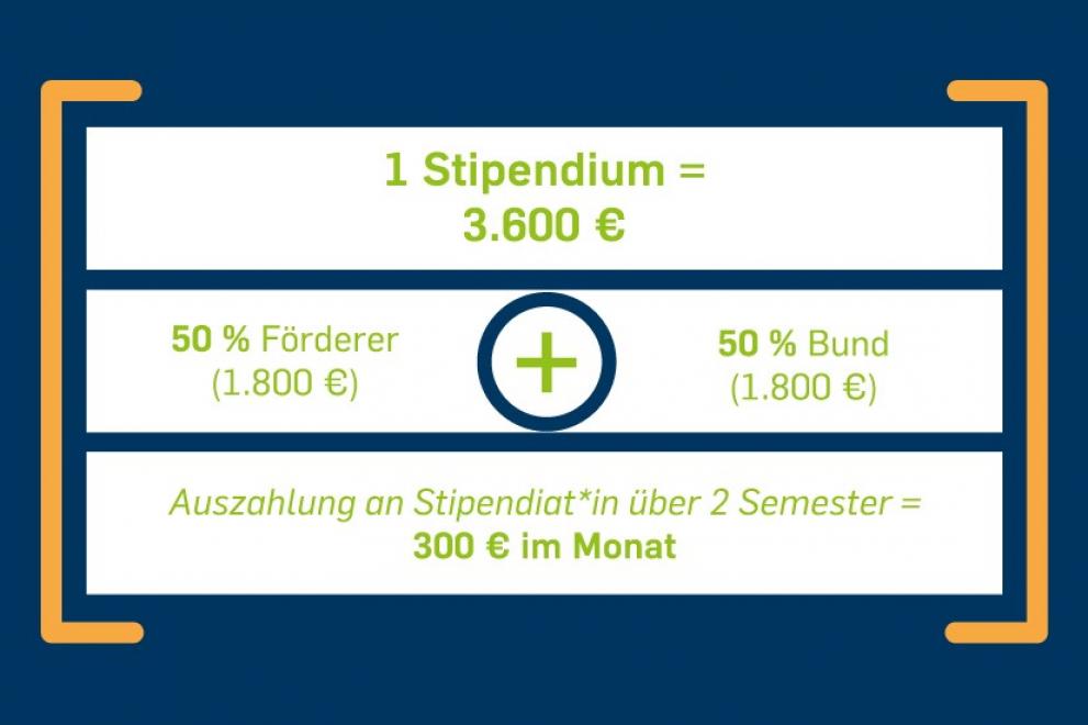Eine Grafik, die die Zusammensetzung des Deutschlandstipendiums zeigt. 1800 Euro kommen von einem Spender, 1800 Euro vom Bund. Ein Stipendium beträgt also 3.600 Euro über ein Jahr.