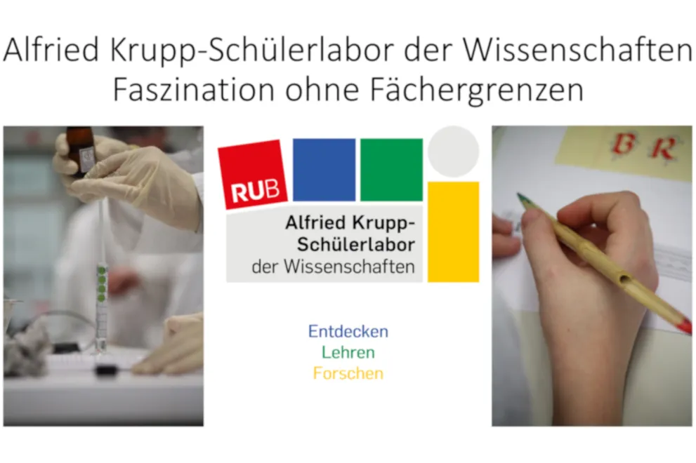 Das Alfried-Krupp-Schülerlabor der Wissenschaften Logo. Drei Pfeile mit den Aufschriften Entdecken, Lehren, und Forschen zeigen auf zwei Bilder, die Labortätigkeiten abbilden. Darüber steht der Slogan "Faszination ohne Fächergrenzen".