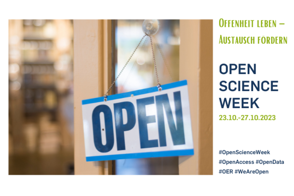 Offene Tür mit Türschild "Open" und Schrift Open Science Week