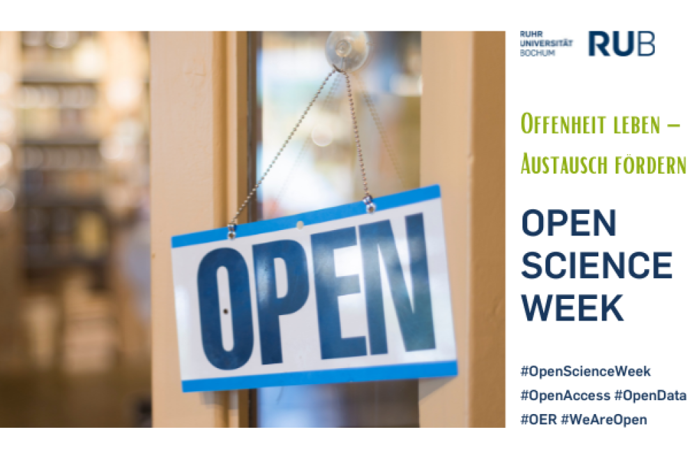 Offene Tür mit Türschild "Open" und Schrift Open Science Week