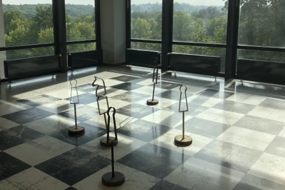 some pieces are standing on a chessboard in a RUB building of the G-row